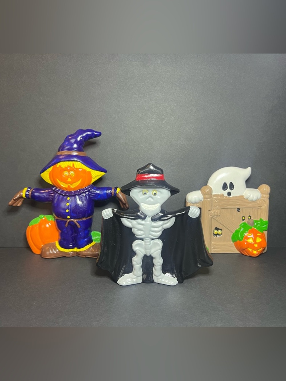 Vintage 1989 Signed Pumpkin Scarecrow, Skeleton Flasher & Ghost Halloween Set